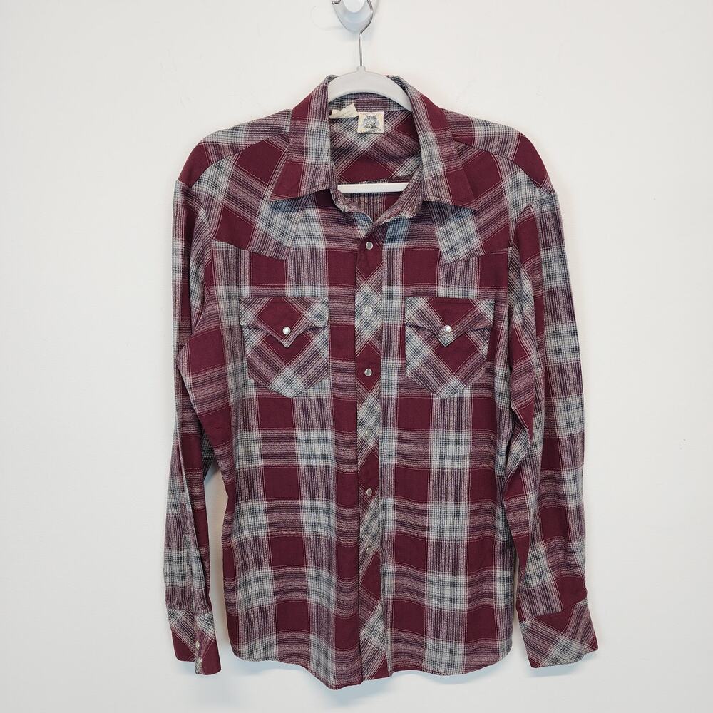 Kennington Mens Pearl Snap Western Shirt L Maroon Gauze Ranch Rodeo 80s Vintage